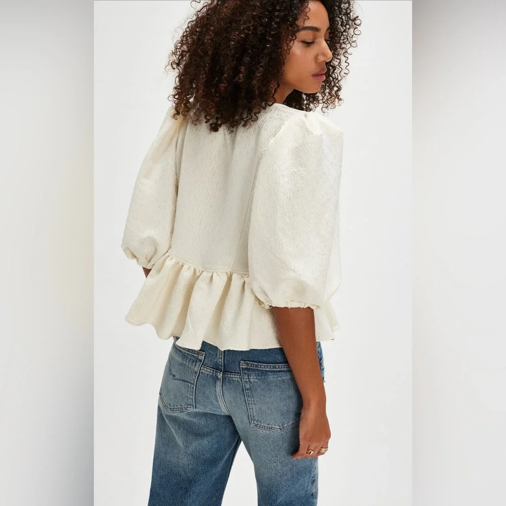 Free People Cream Textured Puff-Sleeve Peplum Blouse with Black Ribbon
